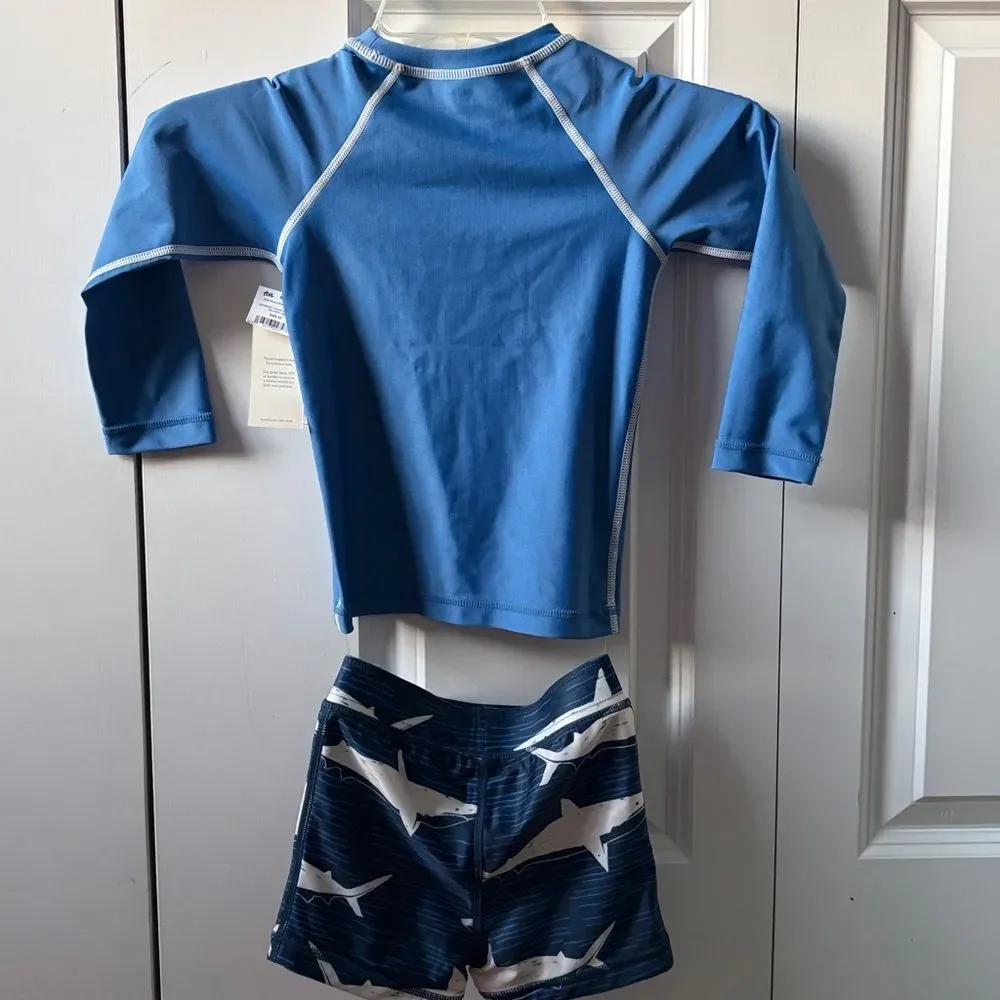Tea Collection Rash Guard Swim Top and Shark-Print Swim Trunks Size 3T NWT